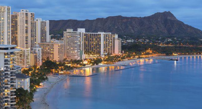 Scenic view of Honolulu city, Diamond Head and Waikiki Beach at night; Hawaii, USA; Shutterstock ID 148974455; Project/Title: Photo Database Top 200; Downloader: Jennifer Romains