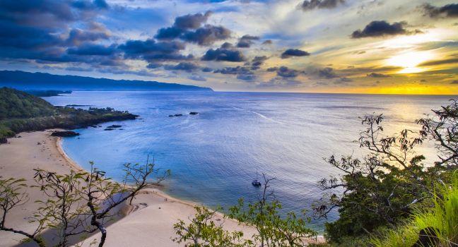 Sunset from above Waimea Bay on Oahu, Hawaii's North Shore.