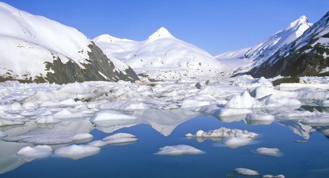 Portage Glacier and Portage Lake as seen from Seward Highway, Alaska.