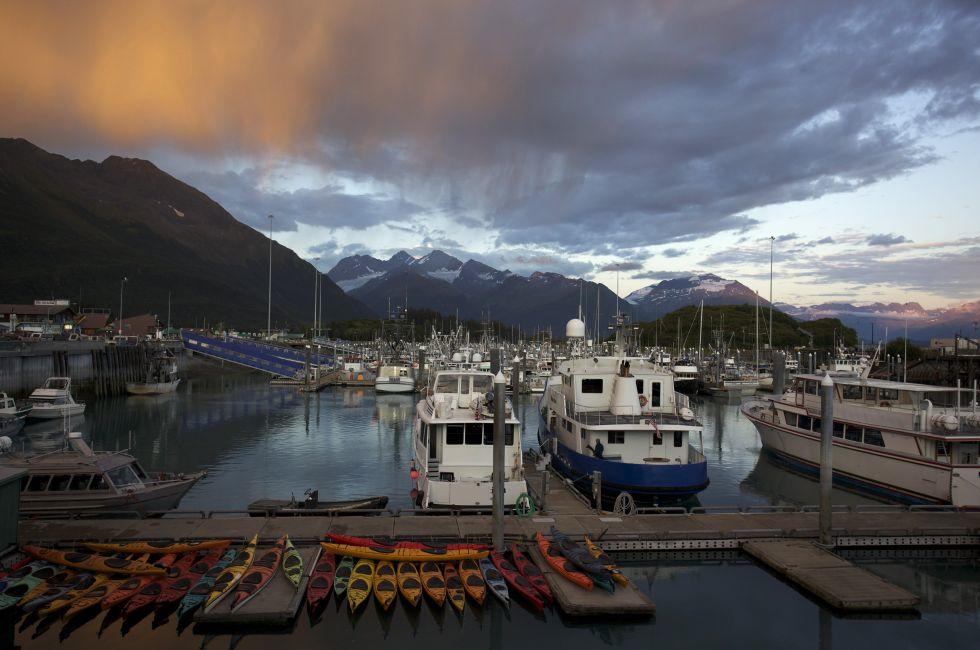 Sunset in harbor of Valdez Alaska.