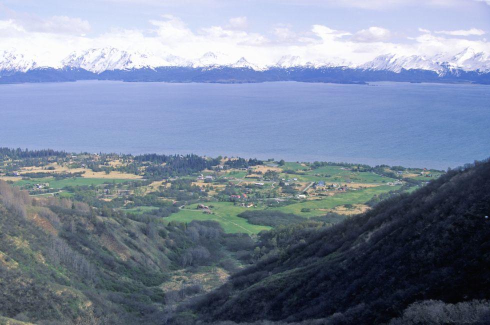 Skyline Drive view of Kachemak Bay and Kenai Mountains, Homer, Alaska.
