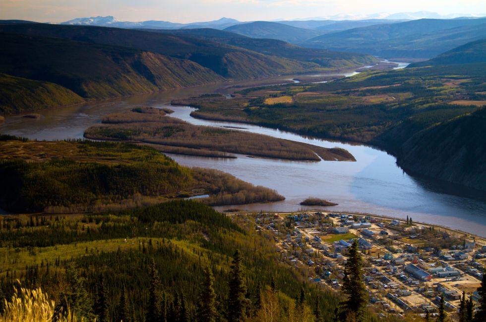 Dawson City from a hill overlooking the town.