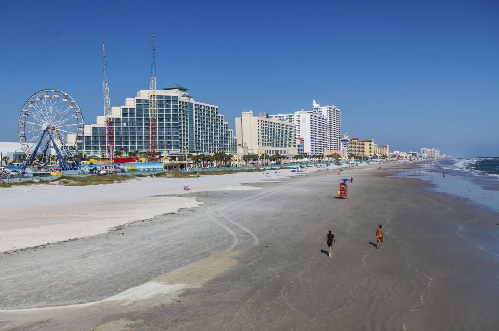 DAYTONA BEACH - OCTOBER 6: View on the Famous Daytona Beach home of the NASCAR Daytona 500 on October 6, 2012 Daytona is one of the few places in the world where driving on ocean beach is allowed; 