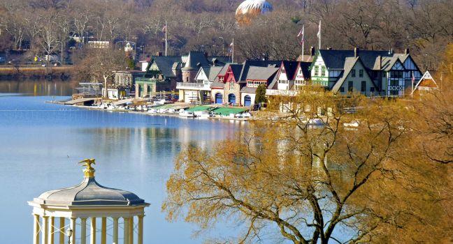 A view from the Philadelphia Art Museum taken in the fall of Philadelphia's Boathouse Row.