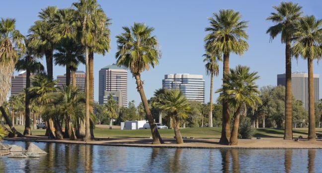 Downtown of Phoenix as seen from Encanto park, Arizona; 