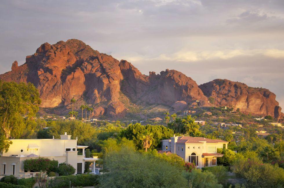 Camelback Mountain in Scottsdale and Phoenix,Arizona at sunset.