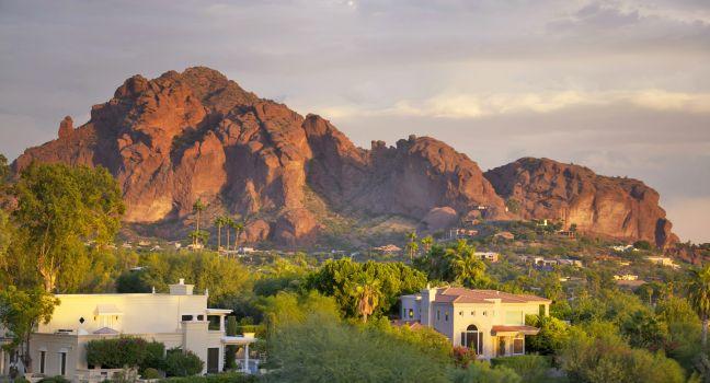 Camelback Mountain in Scottsdale and Phoenix,Arizona at sunset.