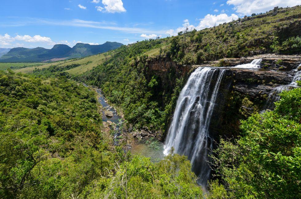 Lisbon Falls is the highest waterfall in Mpumalanga, South Africa. The waterfall is 94 m high and named for the capital city of Portugal. The waterfall lies on the Panorama Route.