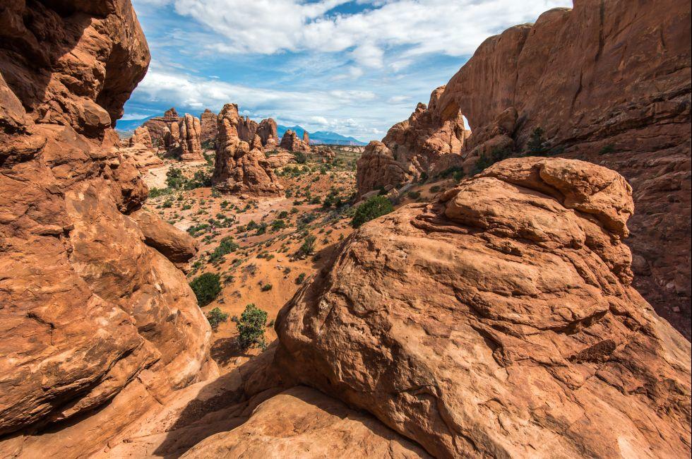 Beautiful variety of mountains and unique rocks in Arches National Park