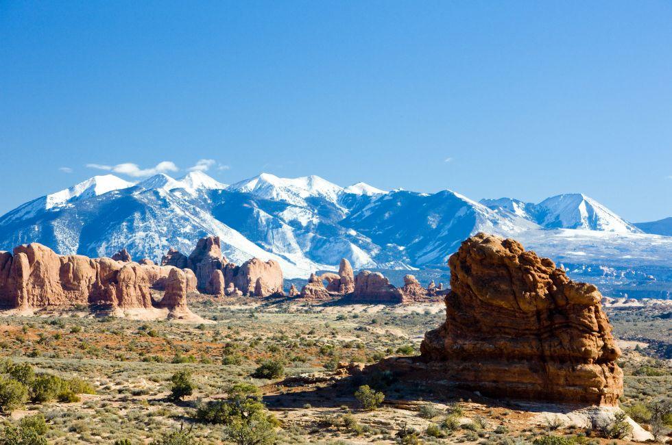 Arches National Park with La Sal Mountains, Utah, USA