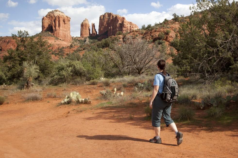 Woman Hiking to Cathedral Rock (Sedona, Arizona); Shutterstock ID 93491557; Project/Title: Great American Trip Finder; Downloader: Melanie Marin
