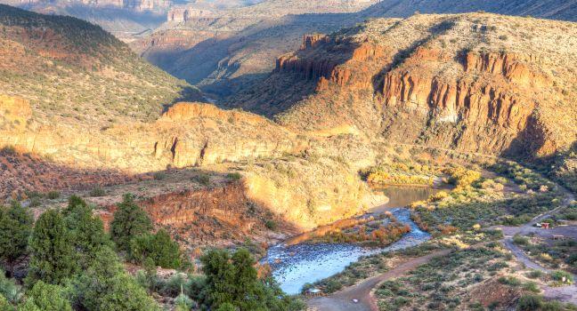 Salt River Canyon at sunrise, catching day's first rays.