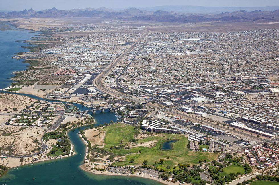 Lake Havasu, Arizona with an aerial view of the city center and the London Bridge.