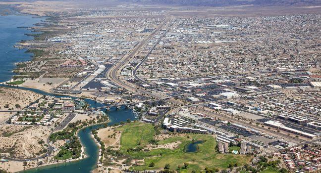 Lake Havasu, Arizona with an aerial view of the city center and the London Bridge.