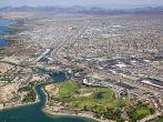 Lake Havasu, Arizona with an aerial view of the city center and the London Bridge.