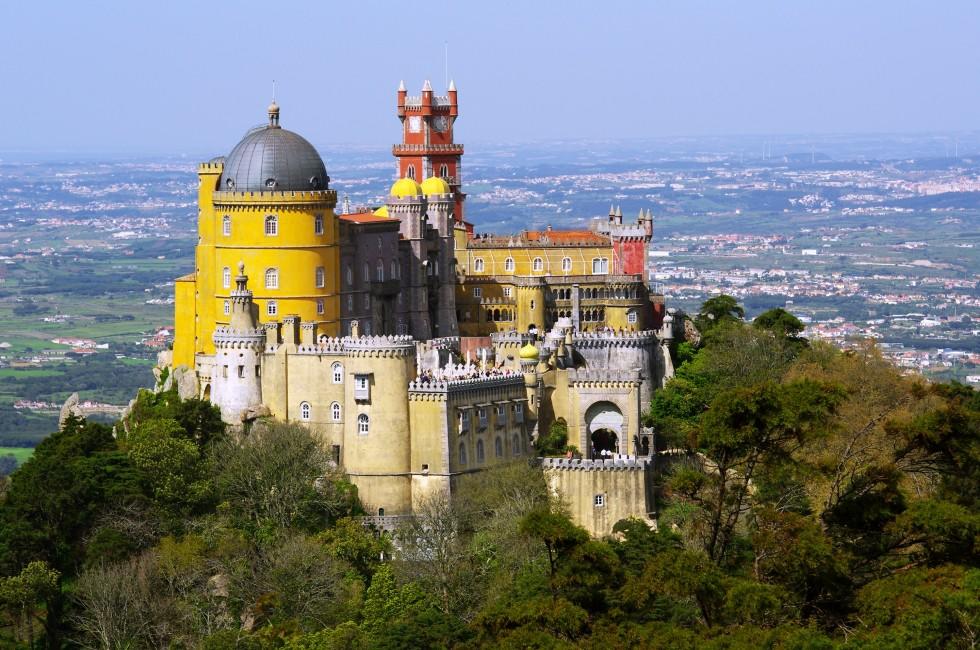Aerial view of the Pena Palace in Sintra National Park, Portugal; 