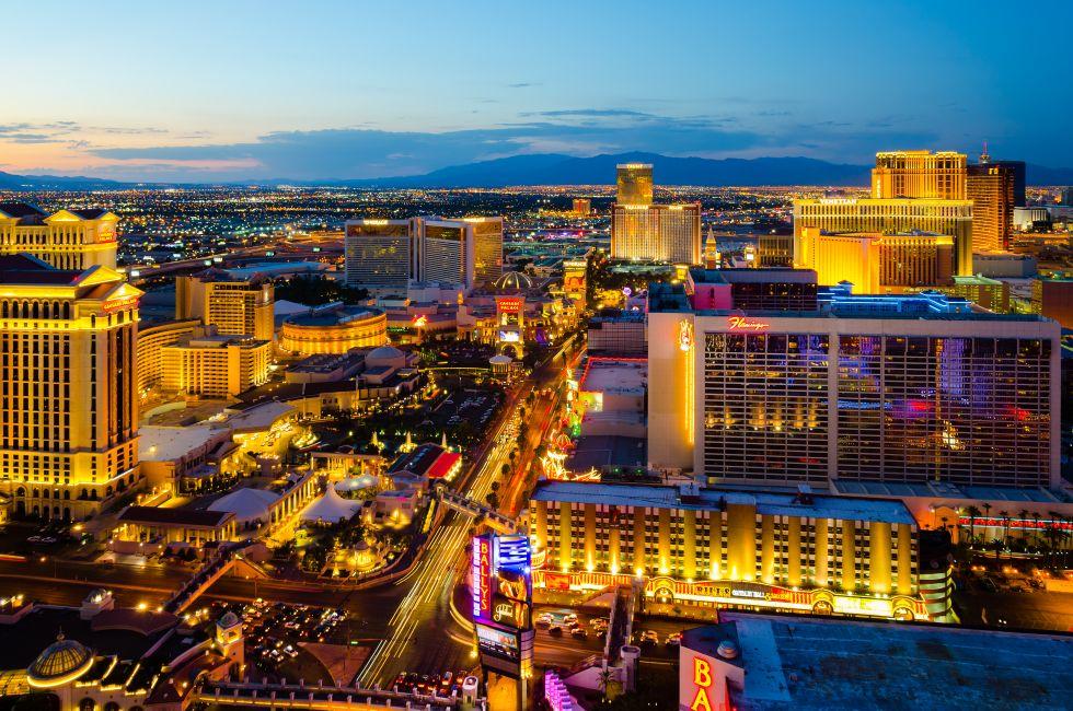 LAS VEGAS - AUGUST 14: An aerial view of Las Vegas Strip on August 14, 2012 in Las Vegas, Nevada. The strip is approximately 4.2 mi (6.8 km) long and featured with world class hotels and casinos