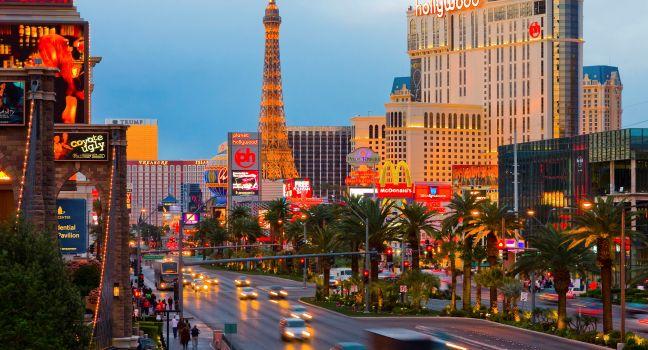 LAS VEGAS - APRIL 15: In this time lapse image, traffic travels along the Las Vegas strip on April 15, 2009 in Las Vegas. The strip is approximately  4.2 mi (6.8 km) long.