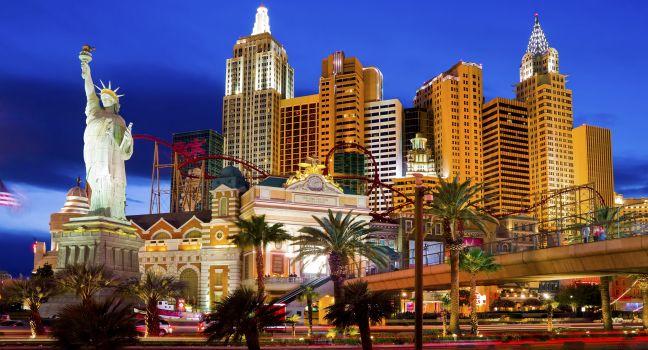 New York-New York located on the Las Vegas Strip in Las Vegas. Replica of the Statue of Liberty is 150 ft (46 m) and the property opened in 1997.