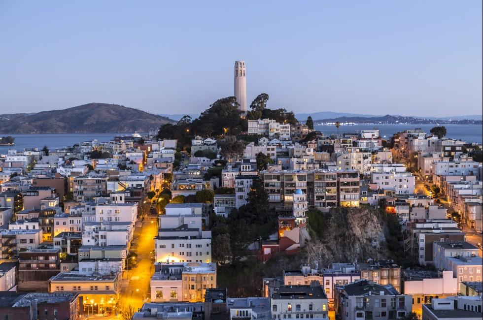 Aerial dusk view of Coit tower in downtown San Francisco, California