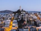 Aerial dusk view of Coit tower in downtown San Francisco, California