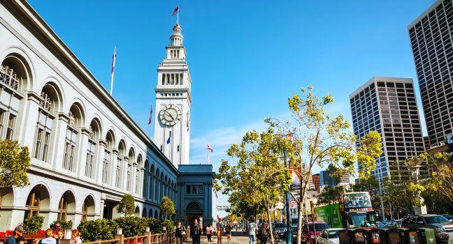 SAN FRANCISCO - APRIL 24: Famous ferry building on April 24, 2014 in San Francisco, California. This 245-foot tall clock tower is the iconic waterfront landmark built in 1898.