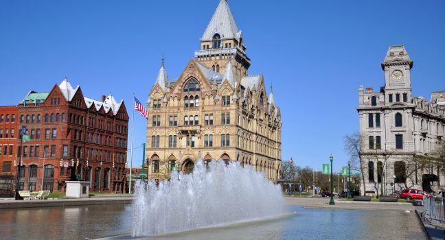 Syracuse Saving Bank at Clinton Square in downtown Syracuse, New York State, USA