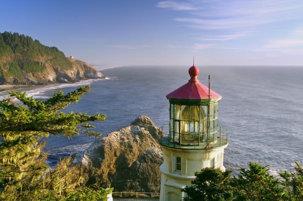 historic heceta lighthouse on oregon coast.