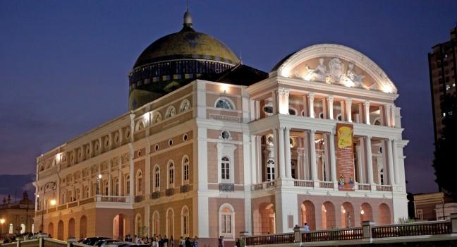 MANAUS - JUL 28: Amazon Theatre at night on July 28, 2010 in Manaus, Brazil. The opera house was built when fortunes were made in the rubber boom.; 