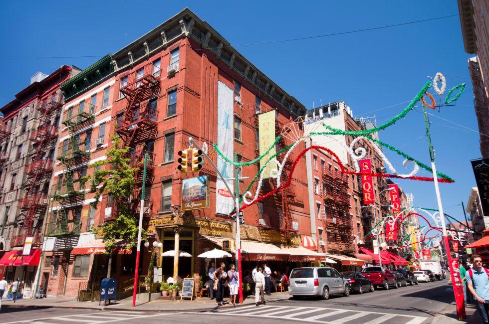 NEW YORK CITY - AUG 30: Intersection in historic Little Italy in lower Manhattan on Aug. 30, 2012. This landmark Italian neighborhood is known for its restaurants and annual Feast of San Genarro.