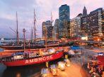 South Street Seaport in New York, NY. The port is a designated historic district containing the largest concentration of 19th century landmarks in the city.