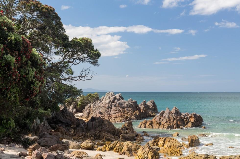 View of the rocky coastline from beach of Tauranga in New Zealand; Shutterstock ID 188381390; Project/Title: Silversea; Downloader: Fodor's Travel