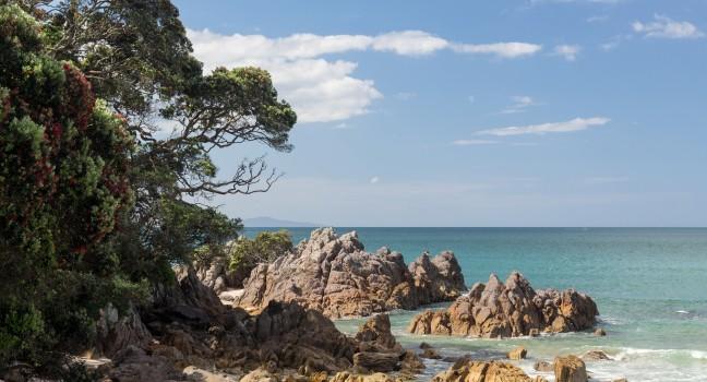 View of the rocky coastline from beach of Tauranga in New Zealand; Shutterstock ID 188381390; Project/Title: Silversea; Downloader: Fodor's Travel