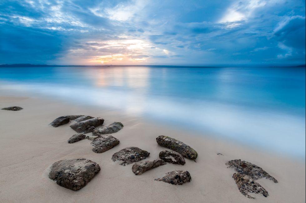 CAYO LEVANTADO, DOMINICAN REPUBLIC - NOVEMBER 18: Caribbean seascape with a blue cloudy sky at sunset on November 18, 2012 in Cayo Levantado, Dominican Republic.