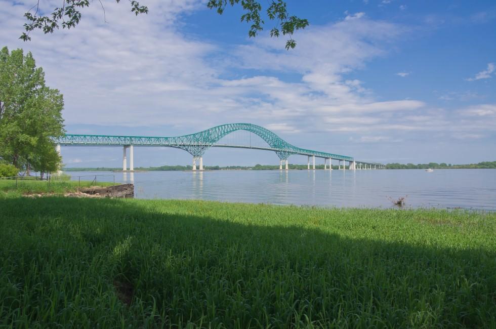 West side of the Bridge Structure Laviolette taken on the banks of St-Maurice River in Trois-Rivieres, Quebec, Canada; 
