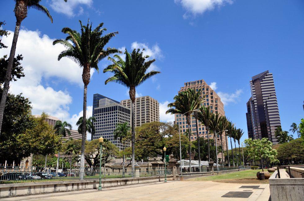 Downtown Honolulu Skyline with modern office towers dominating the landscape.