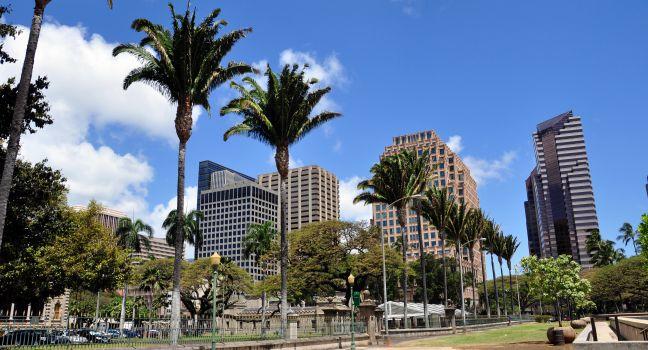Downtown Honolulu Skyline with modern office towers dominating the landscape.