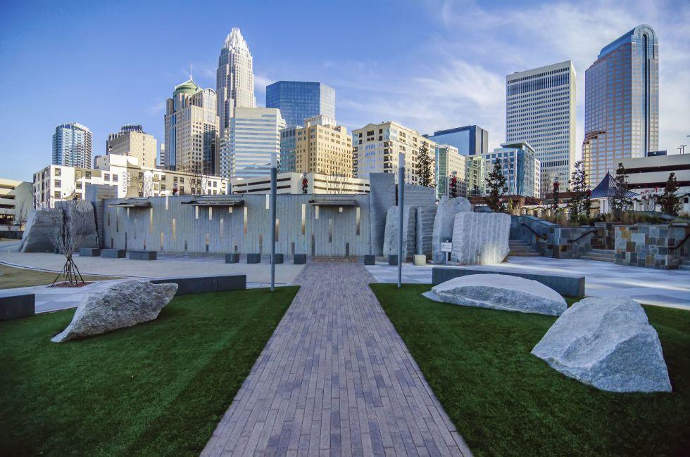 CHARLOTTE, NC - DECEMBER 27, 2013, Charlotte, NC - view of Charlotte skyline at night near Romare Bearden park.