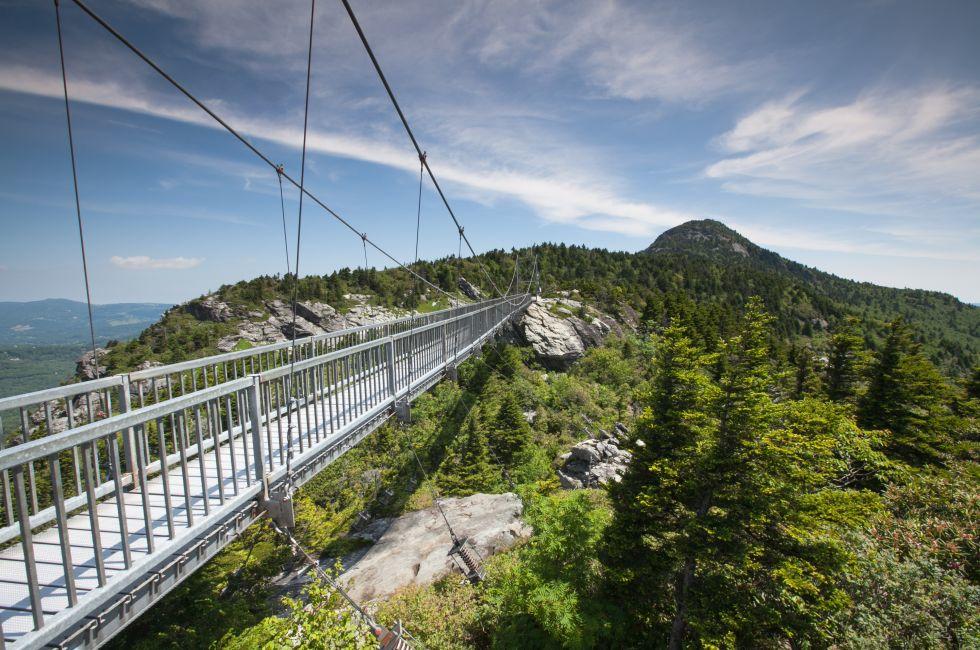 Grandfather Mountain near Linville, North Carolina, is known for its mile-high swinging bridge, the highest in America.