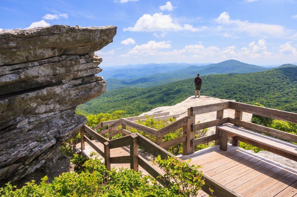 Rough Ridge Overlook near the stacked rock formation provides an expansive view of the summit of Grandfather Mountain and the ridges of Pisgah Forest and is off the Blue Ridge Parkway in Boone NC.
