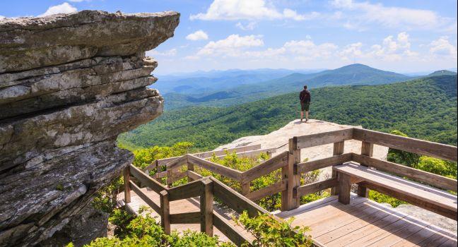 Rough Ridge Overlook near the stacked rock formation provides an expansive view of the summit of Grandfather Mountain and the ridges of Pisgah Forest and is off the Blue Ridge Parkway in Boone NC.