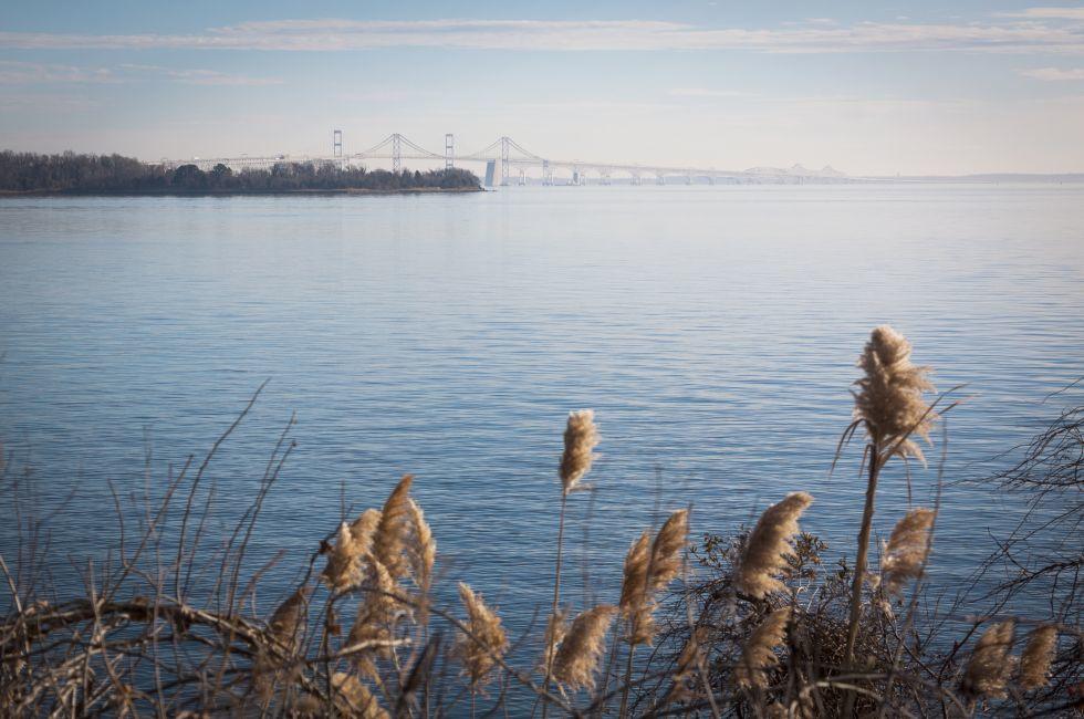 The Chesapeake Bay Bridge in Stevensville, Maryland built with a unique design that incorporates continuous truss, arch, cantilever, and suspension bridge types.