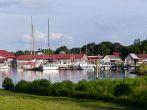 Yachts and boats in harbour of St Michaels on Chesapeake bay with heron