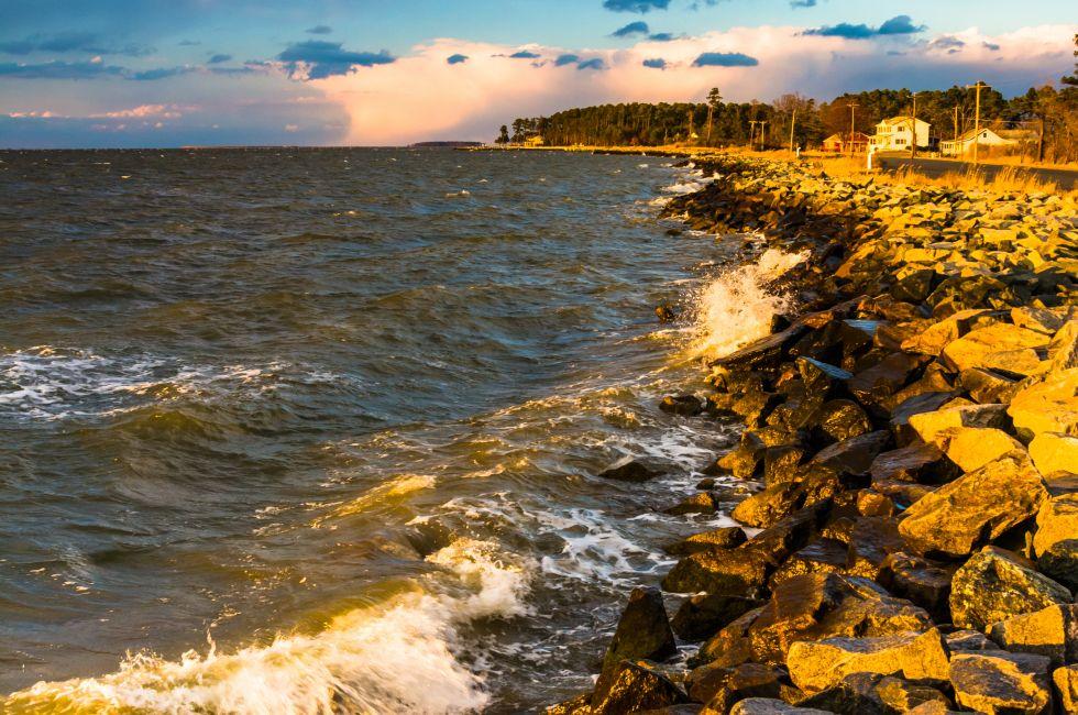 Waves on rocks on the Chesapeake Bay, in Tilghman Island, Maryland.