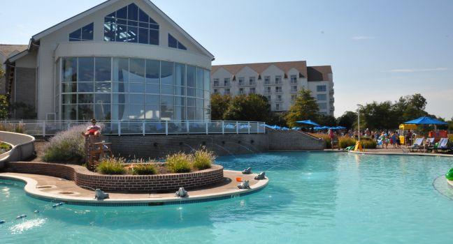 CAMBRIDGE, MARYLAND - AUG 31: Poolside fun at the Hyatt Regency Chesapeake Bay resort in Cambridge, Maryland, as seen on Aug 31, 2014. The resort includes a golf course, spa, and marina.