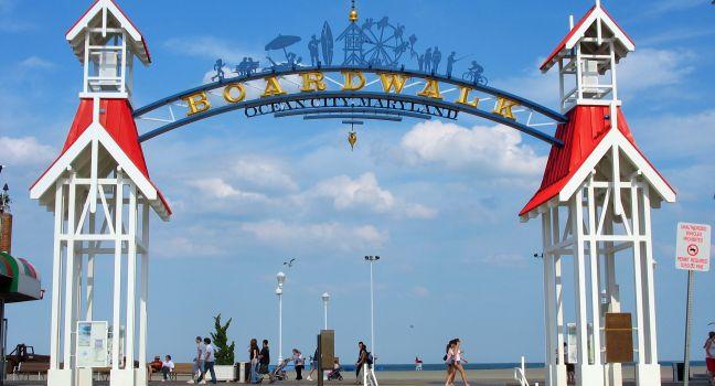 The famous public BOARDWALK sign located at the main entrance of the boardwalk in Ocean City, Maryland.