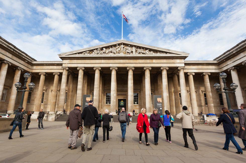LONDON - SEPT 19 : People outside the British Museum in London on Sept 19, 2013. Taken during the acclaimed Pompeii exhibition which ran for 6 months, helping to attract a record number of visitors.; Shutterstock ID 156624569; Project/Title: Fodor's London
