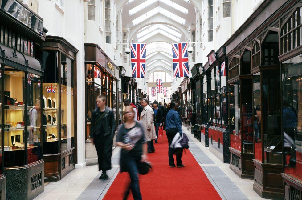 Inside view of Burlington Arcade, 19th century European shopping gallery, behind Bond Street from Piccadilly through to Burlington Gardens, opened in 1819 for the sale of jewellery and fancy articles.