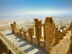 Ruins of ancient fortress Masada. Dead Sea is at background. Masada is the name for ancient palaces and fortifications in the South District of Israel on top of an isolated rock plateau. Israel; 