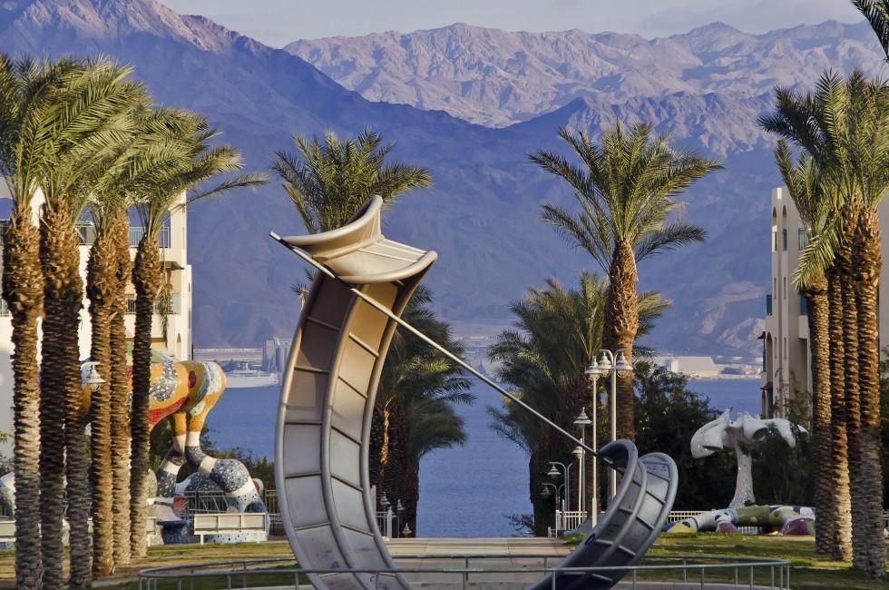 View on the Aqaba gulf from a park of Eilat city, Israel.